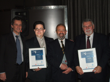 Receiving AIPM award L-R Peter Scuderi (Chief Operating Officer, CRC for Construction Innovation), Dean Cipolla (Group Safety Manager, John Holland Group), Don Dingsdag (Senior Lecturer/Consultant, The University of Western Sydney), Herbert Biggs (Associate Professor, QUT)<