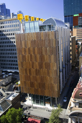 The City of Melbourne's Council House 2 (CH<sub>2</sub>) project is the first purpose built office building in Australia to achieve the six Green Star certified rating. CH<sub>2</sub> features sustainable such as a water-mining plant in the basement, phase-change materials for cooling, automatic night-purge windows, wavy concrete ceilings, a façade of louvres (powered by photovoltaic cells) that track the sun.   City of Melbourne.nbnnn