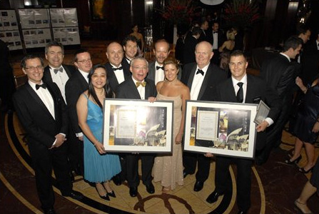 ACEA Project team. Back row: (L-R) Peter Scuderi (CRC), Stephen Ballesty (Rider Levett Bucknall), Paul Akhurst (Sydney Opera House), David Duncan (CEO, Facility Management Association of Australia), George Spink (Transfield Services Australia), Robin Drogemuller (QUT), Dennis Sheehan (ACEA National President), Jason Nell (Arup). Front row: (L-R) Lan Ding (CSIRO), Keith Hampson (CEO, CRC), Megan Motto (ACEA Chief Executive).