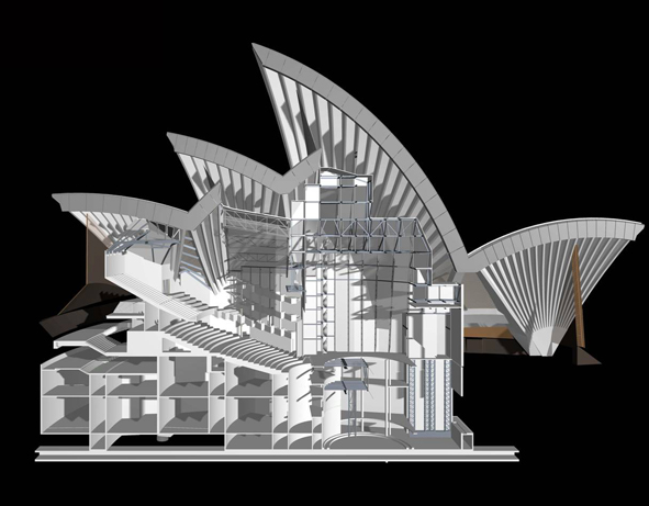 A 3-D CAD example of the visual component of digital modelling at Sydney Opera House, presented as a side elevation. Courtesy Arup 